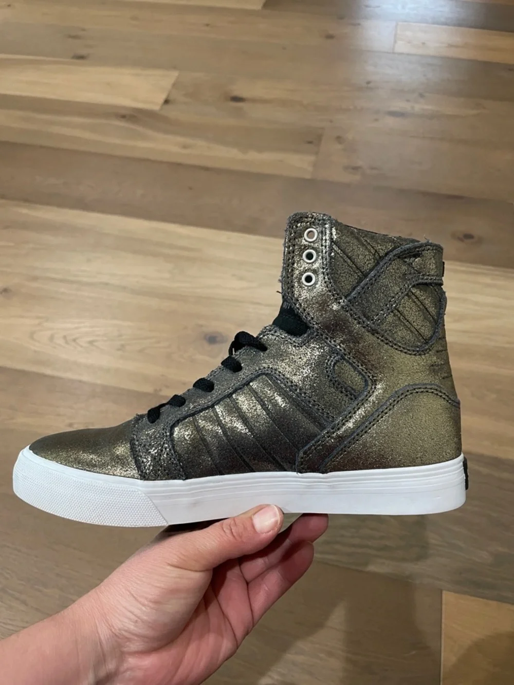 Supra Shiny Gold Punk Rock Biker High Top Boots Metallic Leather Lace Size 6
